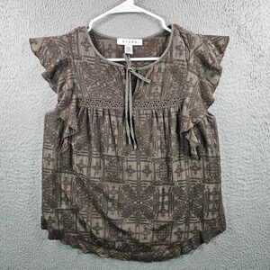 Hiche Anthropologie Embroidered Top Blouse‎ Women Small Ruffle Sleeve Brown